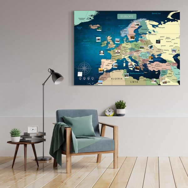 Europakarte Blau Gross XXL Pinnwand Leinwand Wand