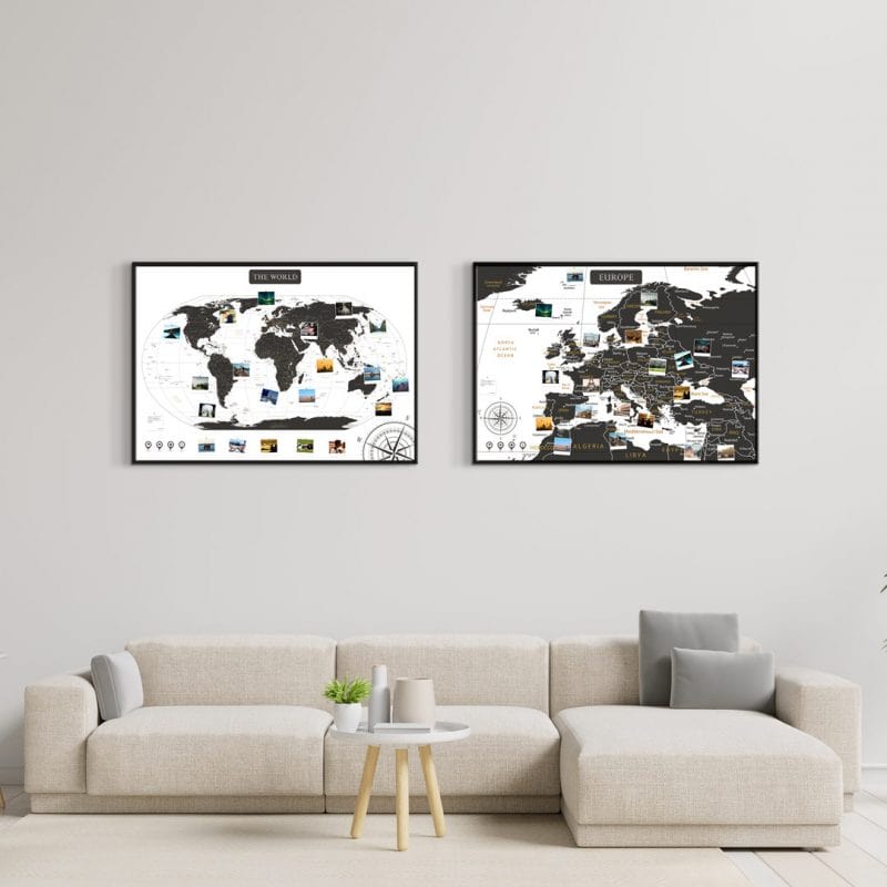 Geschenke für Freund: Weltkarte Europakarte Schwarz Weiss Aluminiumrahmen